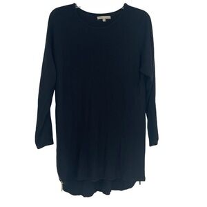 JOAN VASS Crewneck Sweater Top Black Size Medium 3/4 Sleeve Gold Zips At Hemline